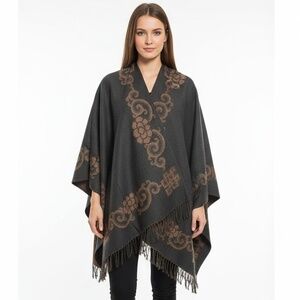 Bellissima Poncho One Size Brown Black Fringed Hem Bohemian Cozy Layering New